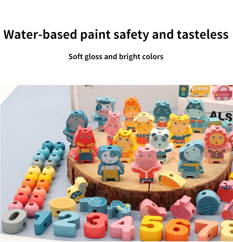 Bebê Contas de Madeira Brinquedos de desenhos animados Fruto de Animais de Encordoamento DIY Enfiar Contas Monterssori Brinquedos Educativos Para Crianças de Presente Imagem 3