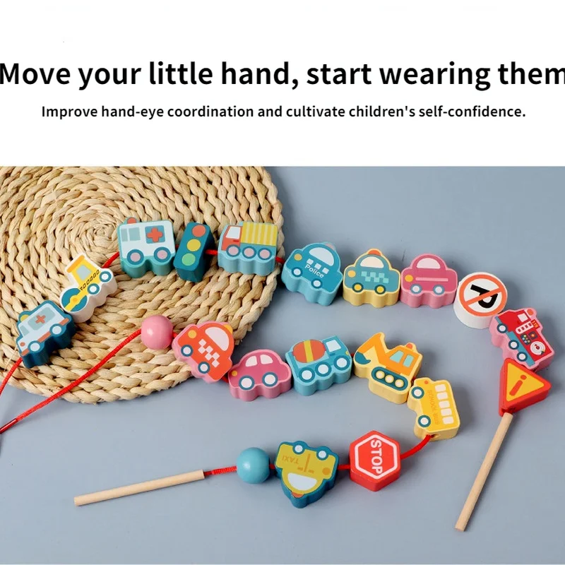 Bebê Contas de Madeira Brinquedos de desenhos animados Fruto de Animais de Encordoamento DIY Enfiar Contas Monterssori Brinquedos Educativos Para Crianças de Presente Imagem 4
