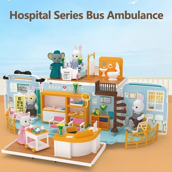 Ambulância Médico Ônibus Floresta Família DIY Móveis em Miniatura Casa de bonecas Acessórios Cenas Hospital Modelo de Carro Menina de Presente de Aniversário 2