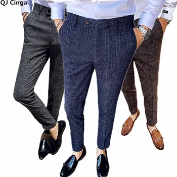 Homens azuis Magro Calças de Negócios Britânico Estilo Slim Fit Clássico Vestido Formal Calças para Homens Festa de Casamento Calças 29-38 1