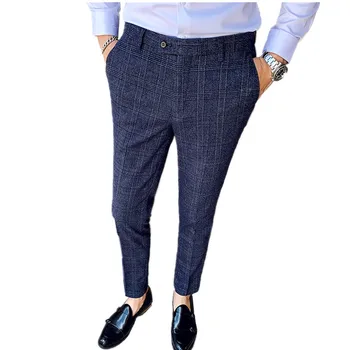 Homens azuis Magro Calças de Negócios Britânico Estilo Slim Fit Clássico Vestido Formal Calças para Homens Festa de Casamento Calças 29-38 2