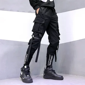 Homens de Hip Hop Black Calças Cargo corredores de Moletom Macacão Homens Fitas de Streetwear Calças de Harém de Mulheres Modas Calças 2