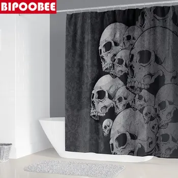Impressão 3D do Crânio Cortina de Chuveiro do Poliéster Impermeável Cortinas de Banheiro Anti-derrapante Banho, Tapetes, Tapete Higiênico tampa Tampa de Tapete Decoração de Casa 2
